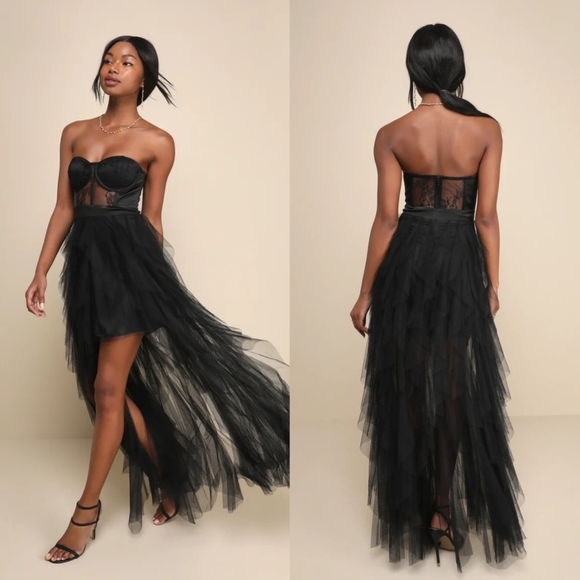 Lulus Dresses & Skirts - Lulus Forever Flawless Black Sheer Lace Strapless Bustier Maxi Dress M Wedding